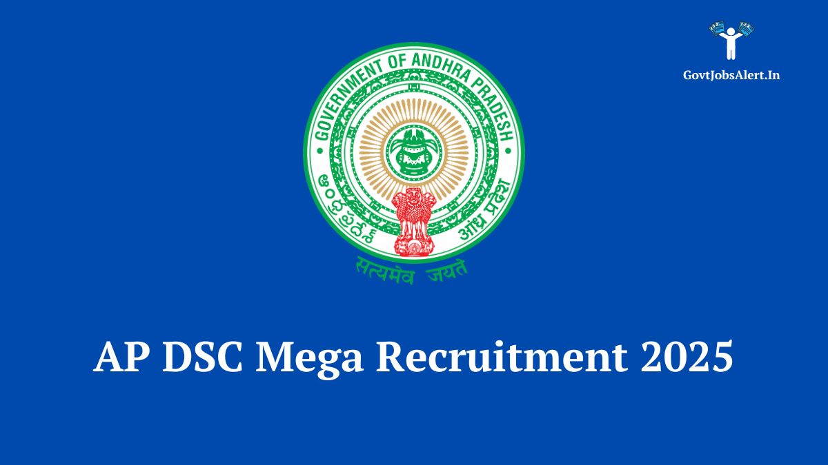 AP DSC Mega Recruitment 2025 announcement graphic showing 16,347 teacher vacancies in Andhra Pradesh. Apply online.