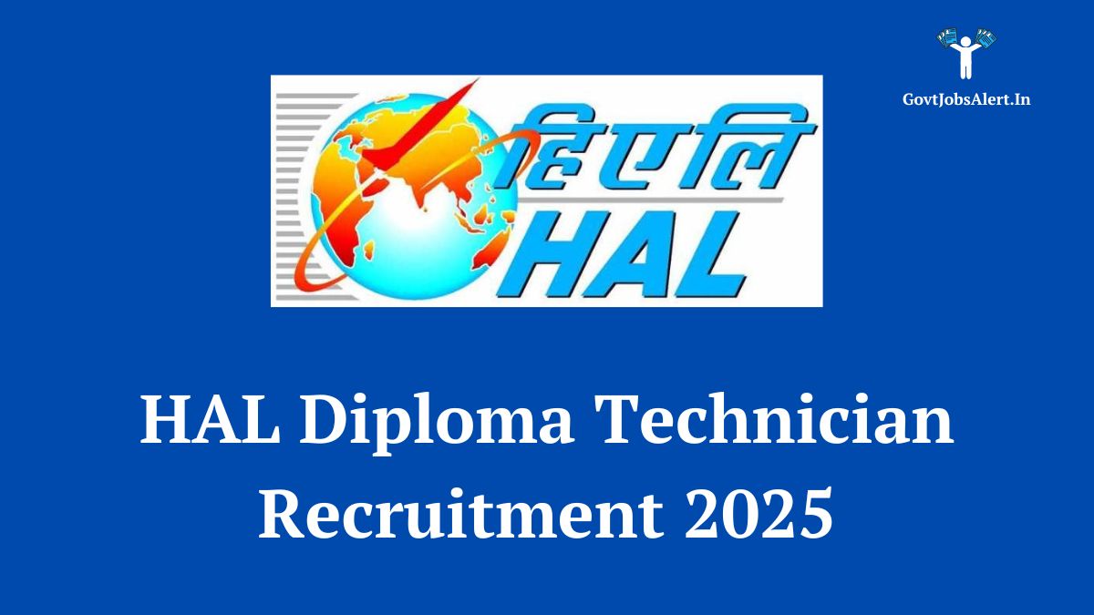 HAL logo with text overlay announcing Diploma Technician Recruitment 2025 for Avionics Division, Hyderabad.