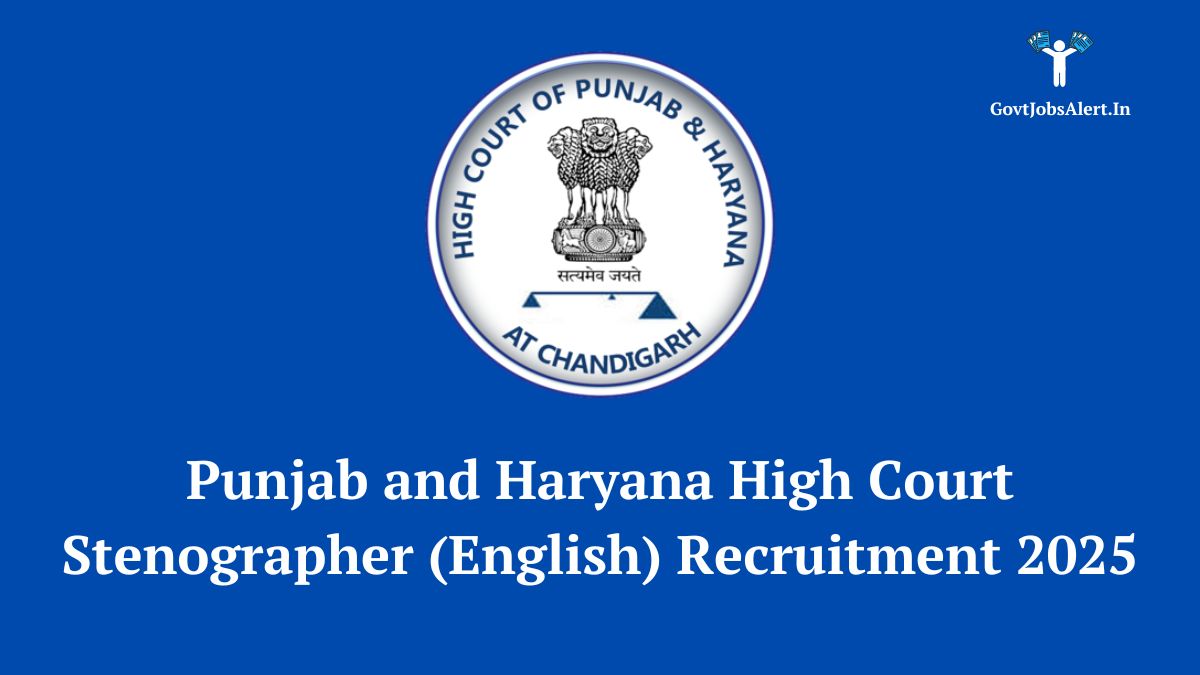 Official logo of the High Court of Punjab and Haryana superimposed on a graphic representing a job notification for Stenographer Recruitment 2025, highlighting 419 vacancies.