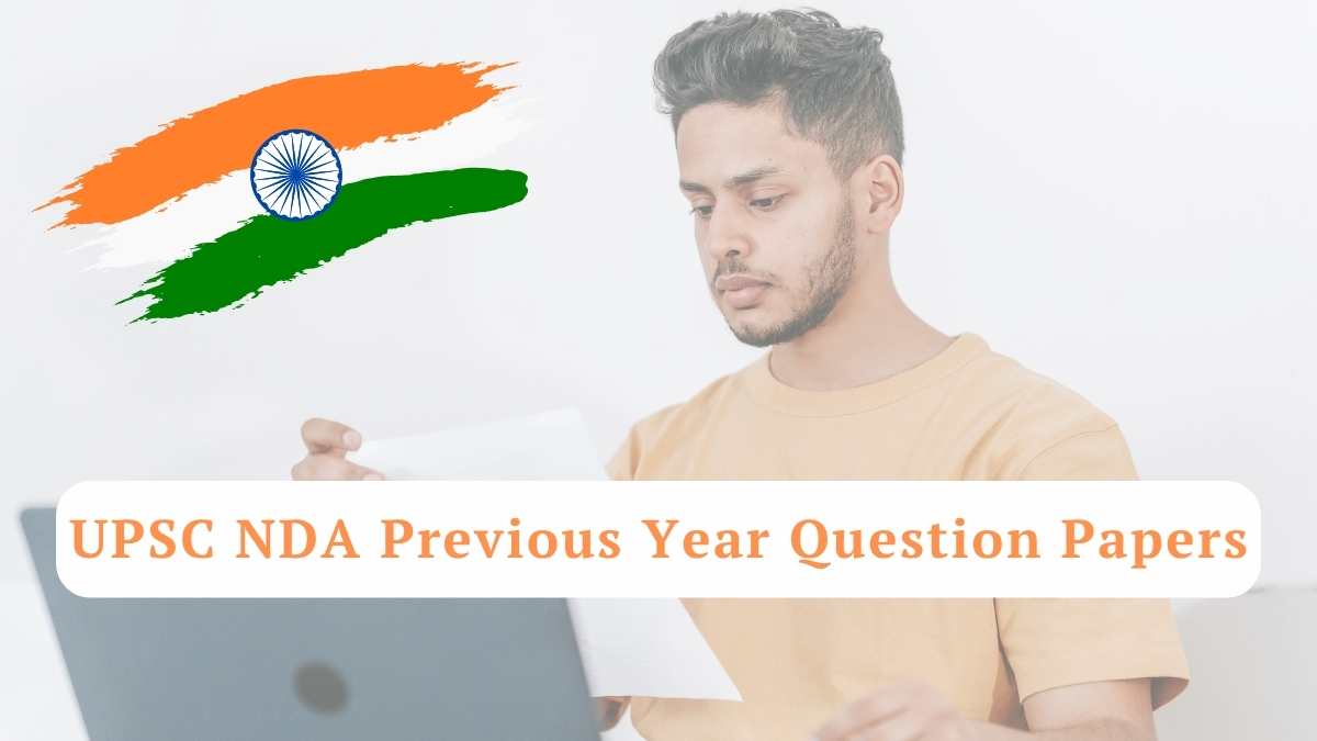 A student diligently studying UPSC NDA previous year question papers with an Indian flag in the background, symbolizing aspiration for national service.