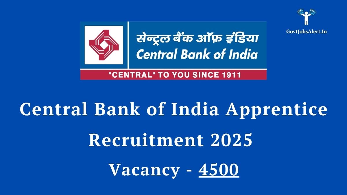 Central Bank of India Apprentice Recruitment 2025 notification for 4500 vacancies, featuring the bank's logo and key details of the job opening.