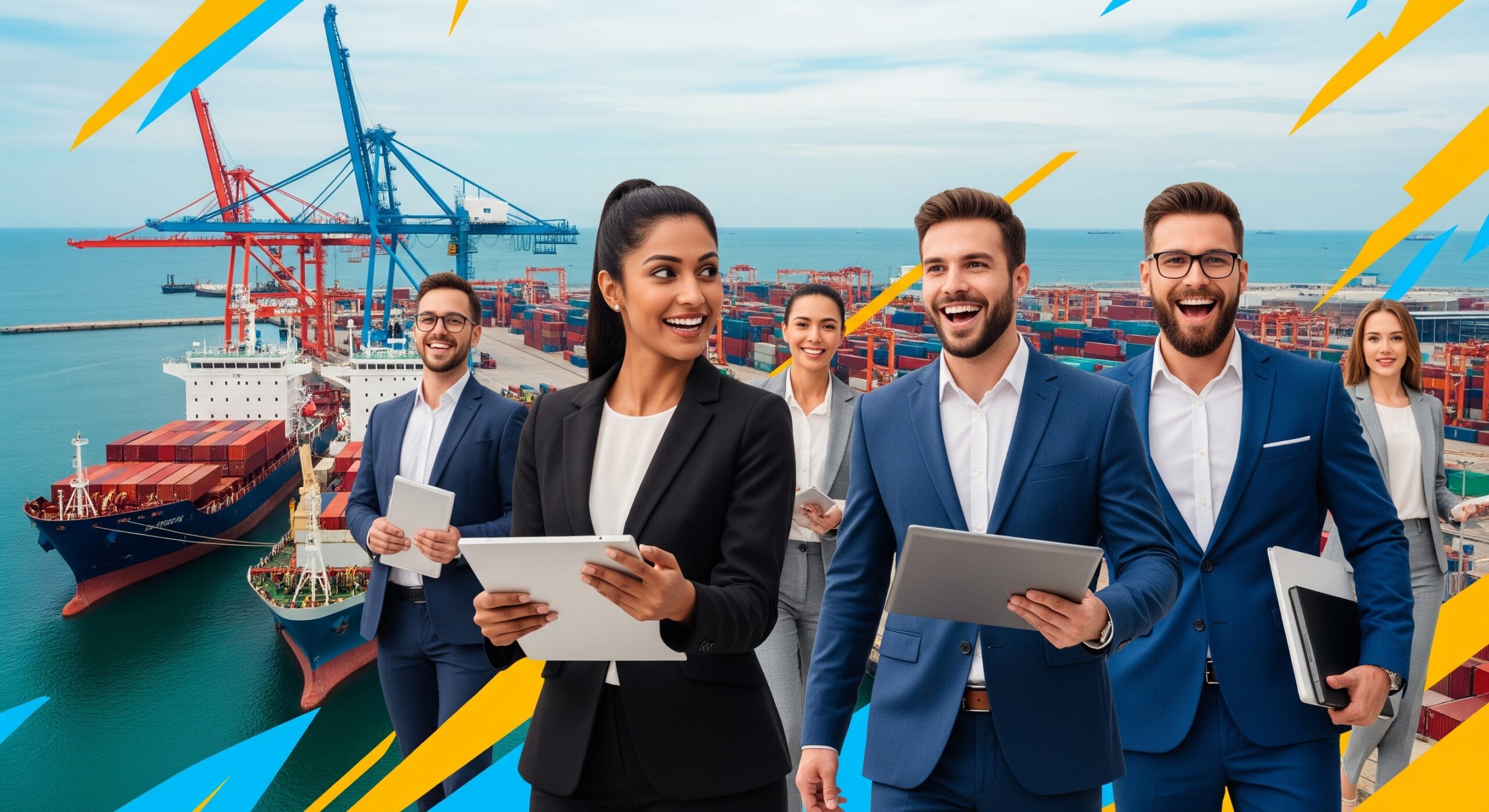 Vibrant image of diverse young professionals celebrating job opportunities at Deendayal Port, highlighting the Deendayal Port Authority Recruitment 2025 for Management and Graduate Trainee posts.