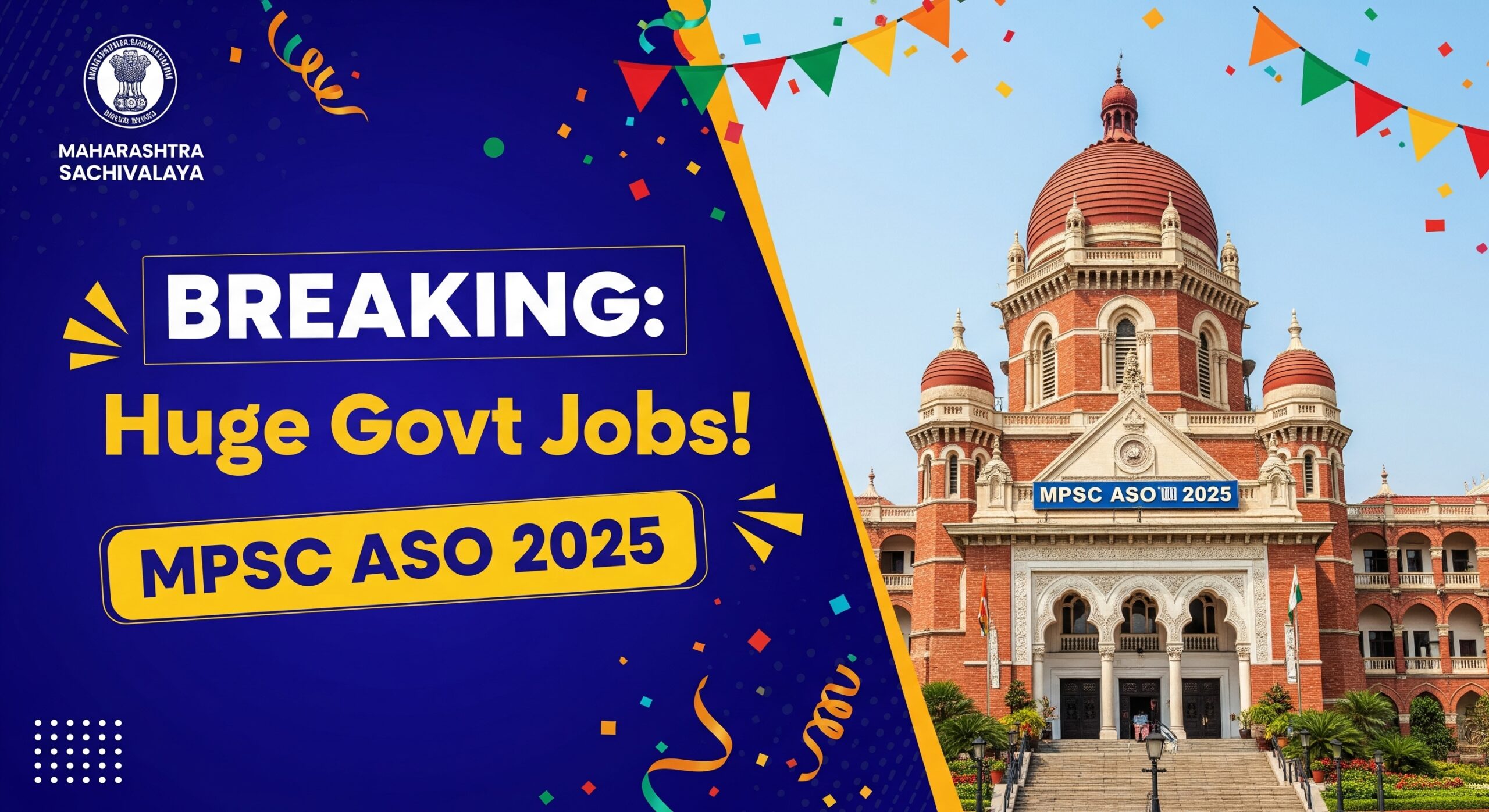 MPSC ASO Recruitment 2025 announcement with text "BREAKING: Huge Govt Jobs!" and Maharashtra Sachivalaya in background, signifying a major government job opportunity.
