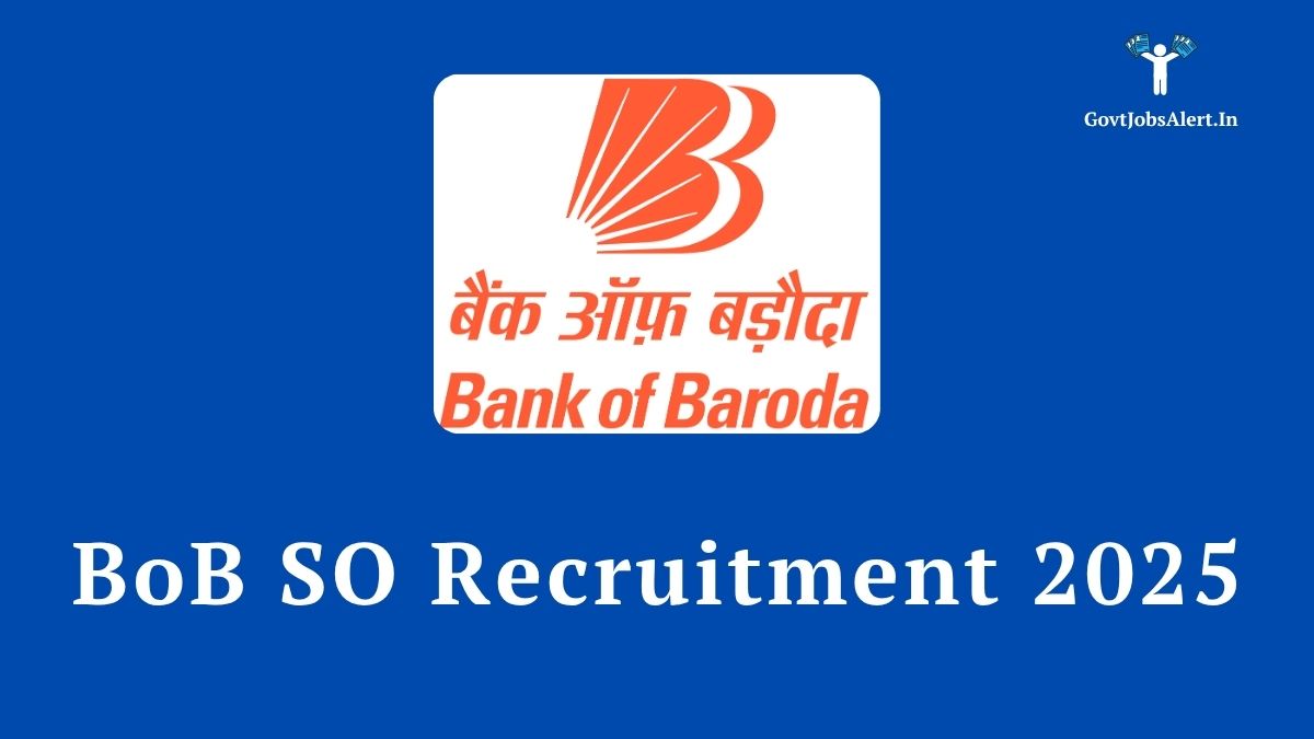 A promotional image for the BoB SO Recruitment 2025, announcing 50 vacancies for Specialist Officers at Bank of Baroda.