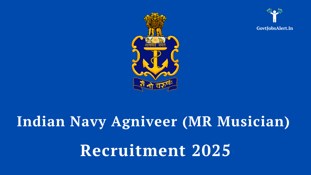: Indian Navy Agniveer (MR Musician) Recruitment 2025 notification, featuring the Indian Navy logo alongside a graphic of a musician in uniform playing a trumpet.