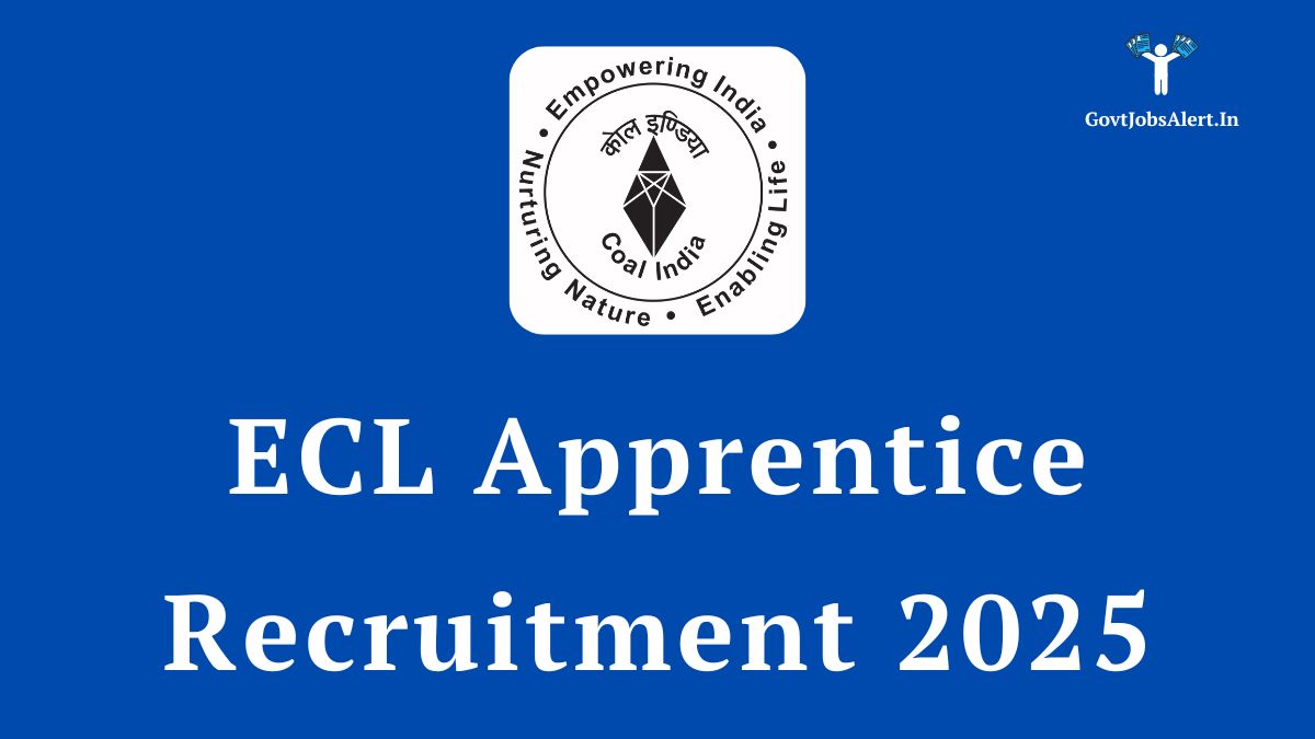 The official logo for Coal India and the text "ECL Apprentice Recruitment 2025" on a blue background, representing the job opportunity.