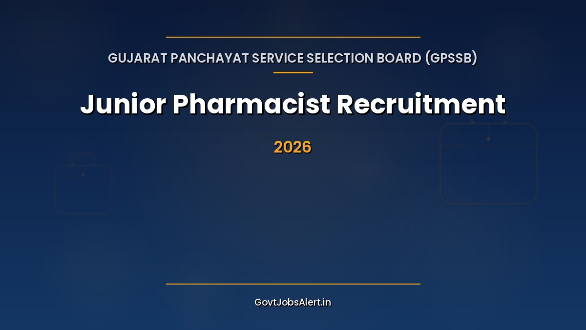 GPSSB Junior Pharmacist Recruitment 2026 notification image showing 164 Class-3 Junior Pharmacist vacancies in Gujarat Panchayat Service with apply online details on GovtJobsAlert.in