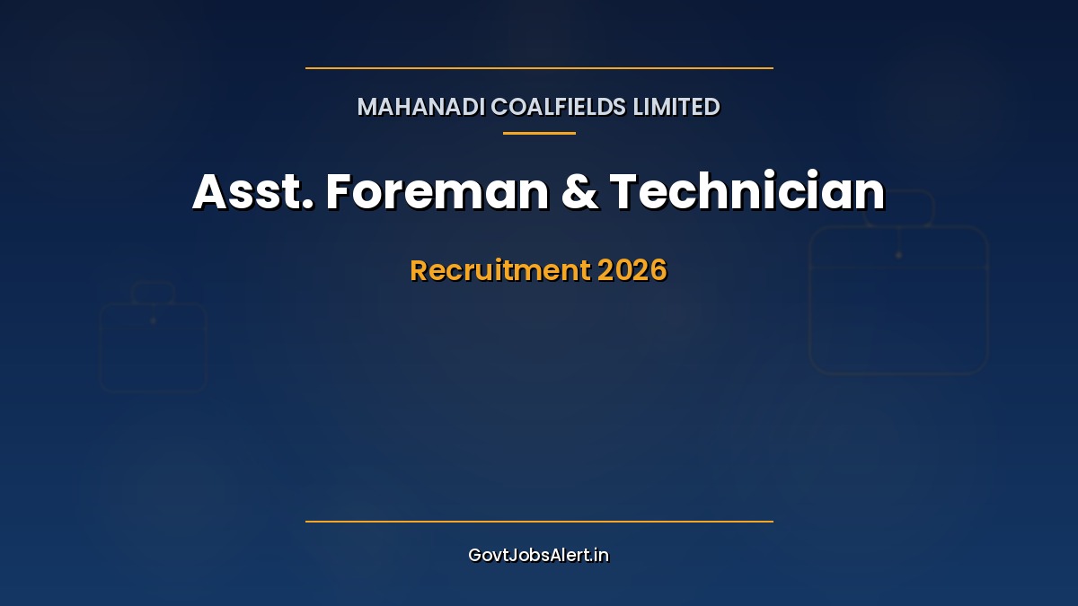 MCL Assistant Foreman & Technician Recruitment 2026 notification banner — 500 vacancies in Mahanadi Coalfields, ITI/Diploma electrical eligible, last date 28 May 2026