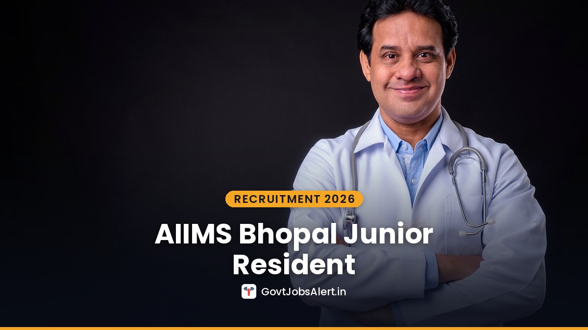 Smiling Indian doctor in white coat with stethoscope for AIIMS Bhopal Junior Resident (Non-Academic) Walk-in Recruitment 2026
