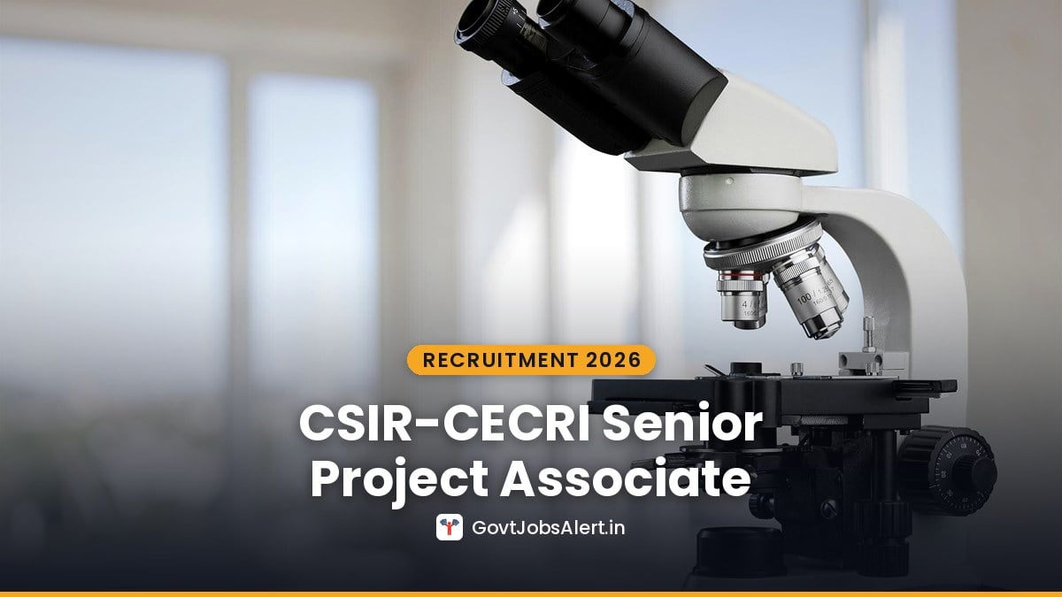 CSIR-CECRI Recruitment 2026 walk-in interview at Karaikudi, shown with a laboratory microscope beside a bright window