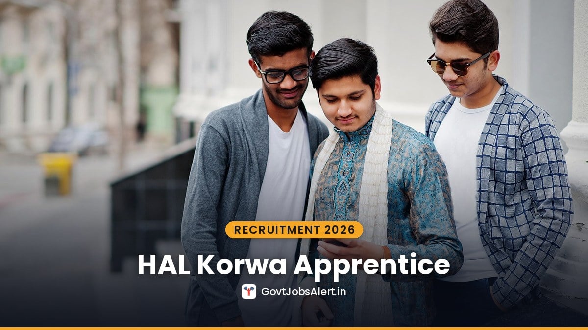 Three young Indian men checking the HAL Korwa Apprentice Recruitment 2026-27 Google Form on a phone