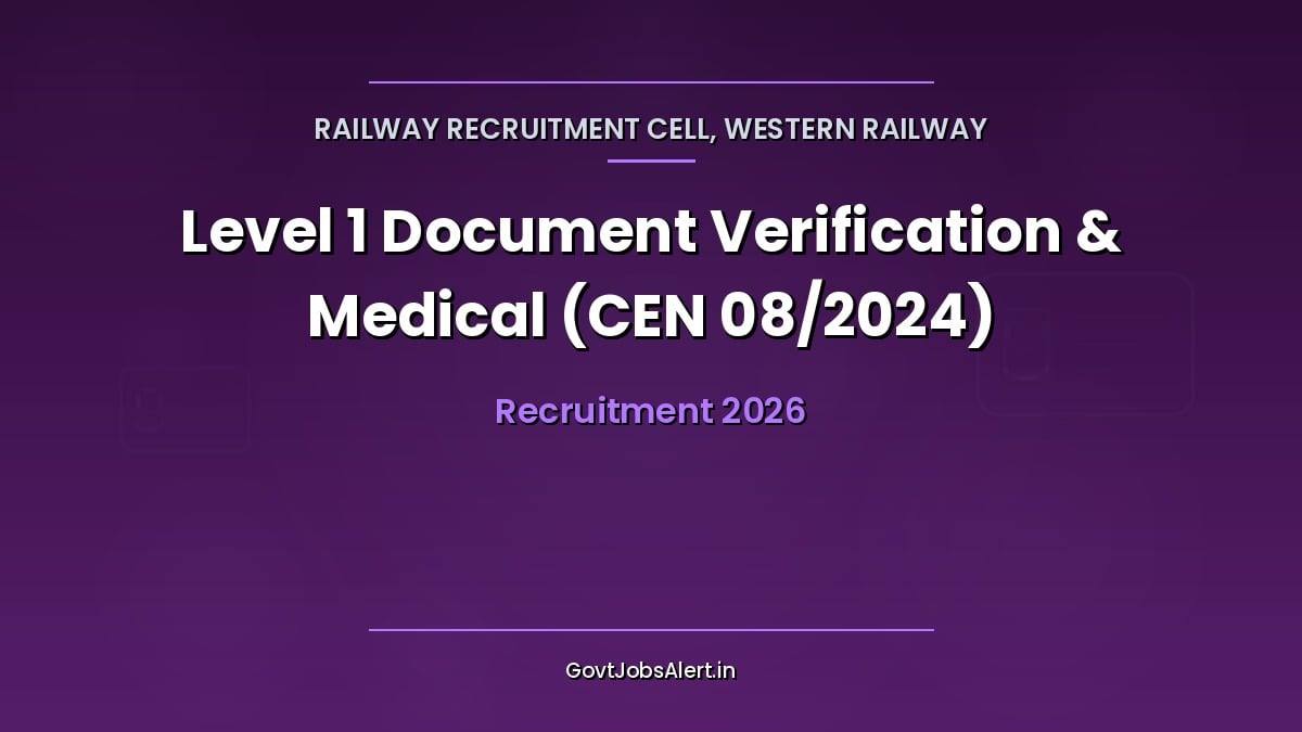 RRC Western Railway CEN 08/2024 Level 1 document verification and medical examination notice with DV dates 2 November to 4 December 2026