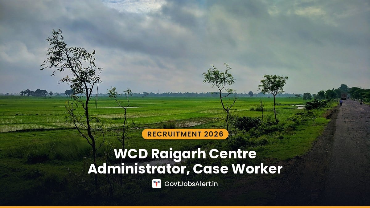 Green paddy fields and a village road under monsoon clouds in India - WCD Raigarh Sakhi One Stop Centre Recruitment 2026